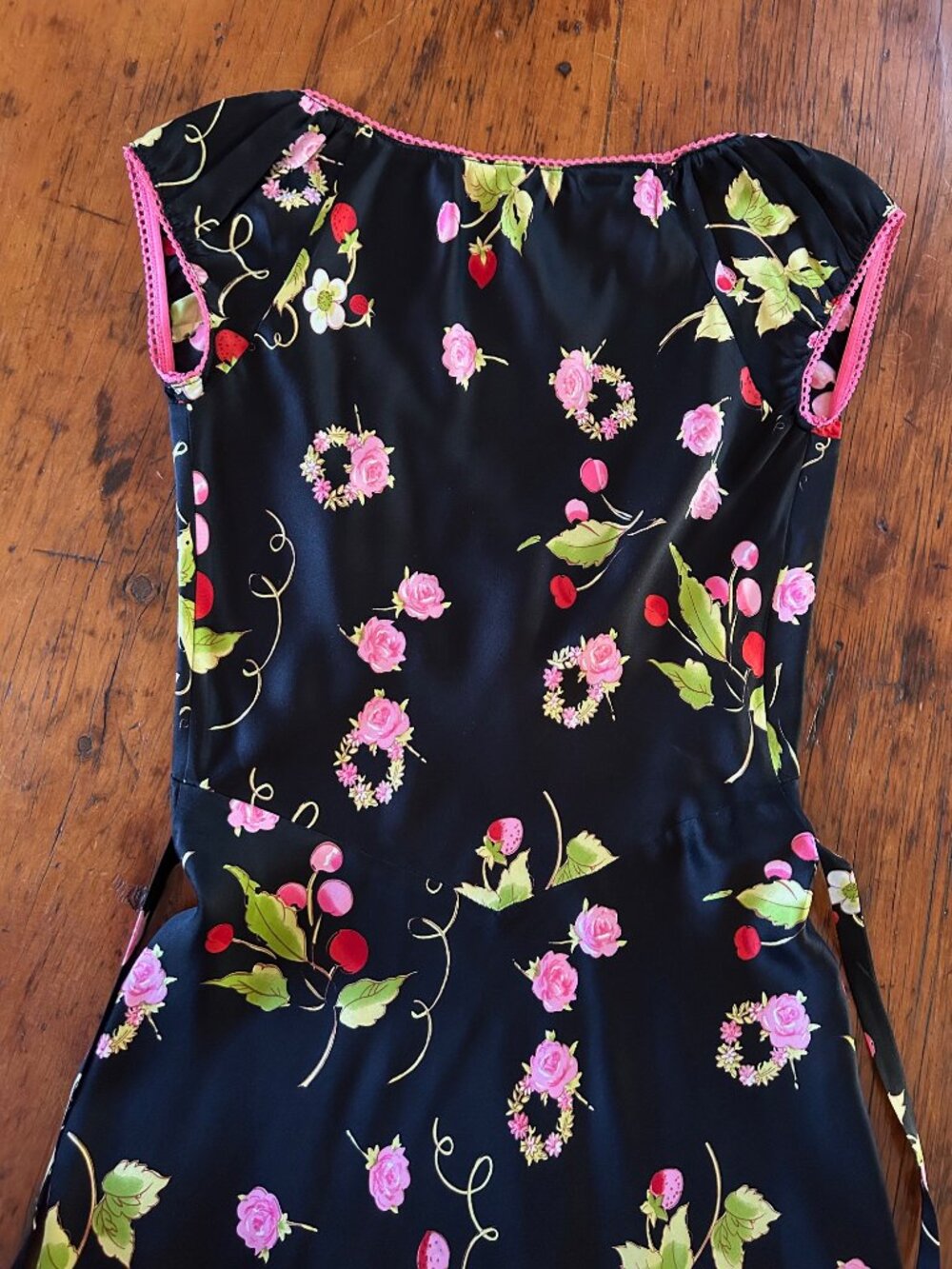 Vintage Betsey Johnson Strawberries Cherries Flowers Silk Milk Maid Dress - Picture 9 of 12